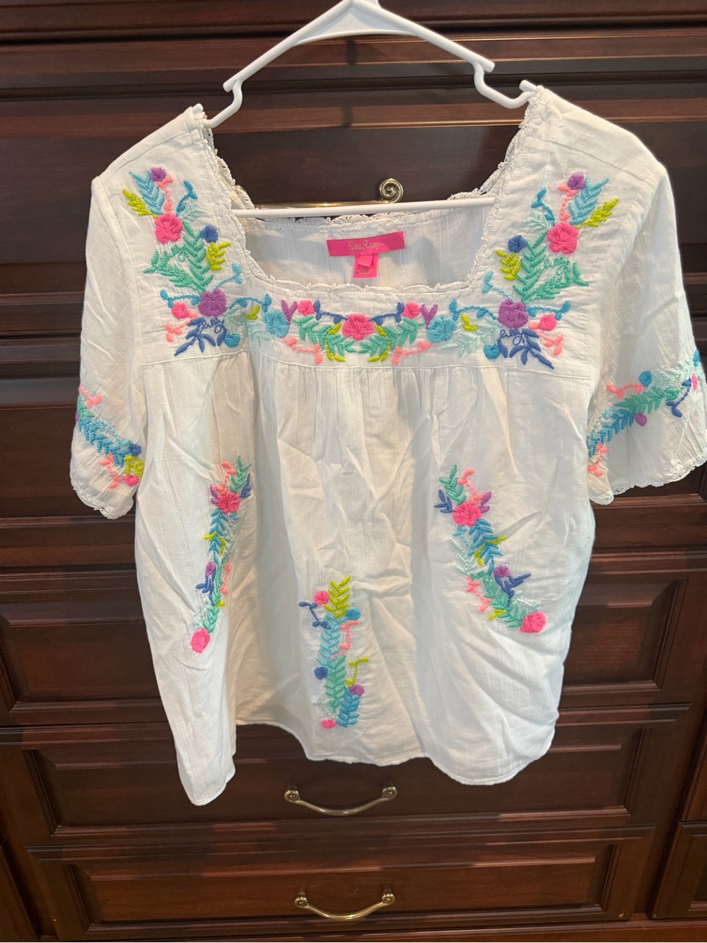 Lilly Pulitzer White Embroidered Floral Square-Neck Blouse